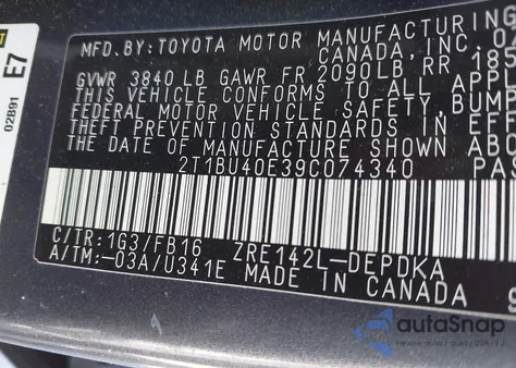 2009 Toyota Corolla Le from USA, damaged, VIN 2T1BU40E39C074340